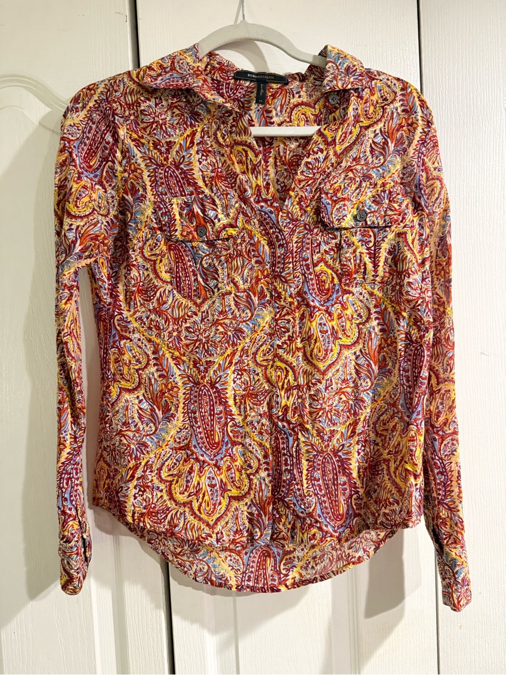 BCBGMaxAzria Red and Yellow Paisley Button-Down Blouse